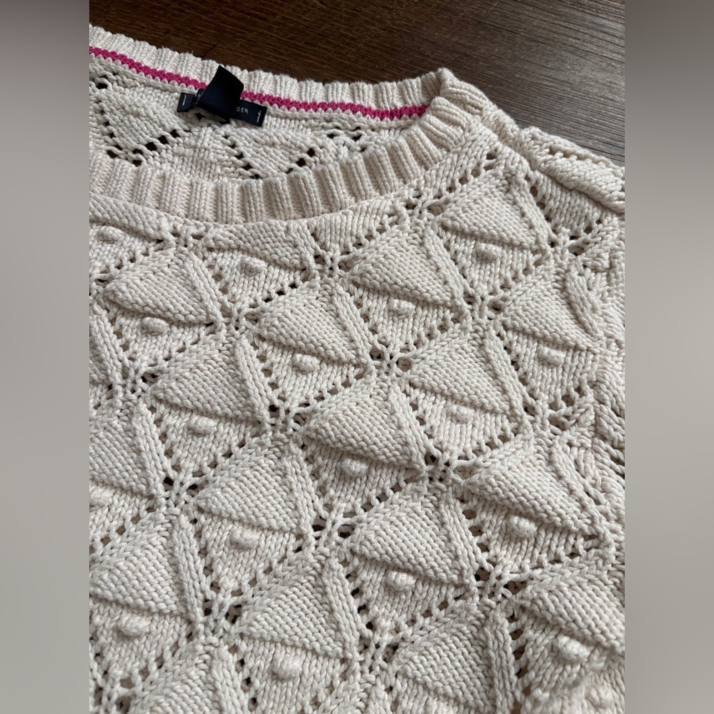 TOMMY HILFIGER ivory crochet open knit sweater sz XL cottagecore chunky Pom Pom - Picture 8 of 16